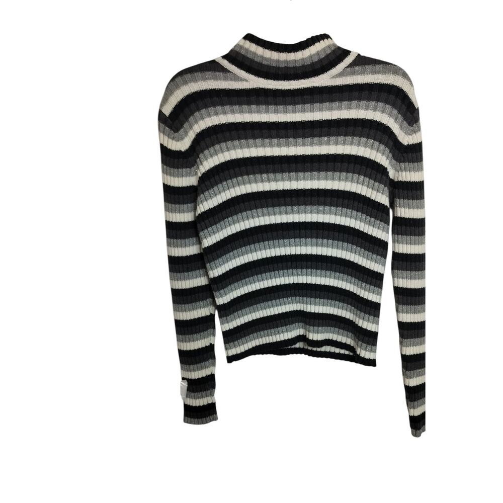 4365)Vtg 90s St John's Bay M Mockneck Ribbed Black Gray Stripe Pullover Sweater